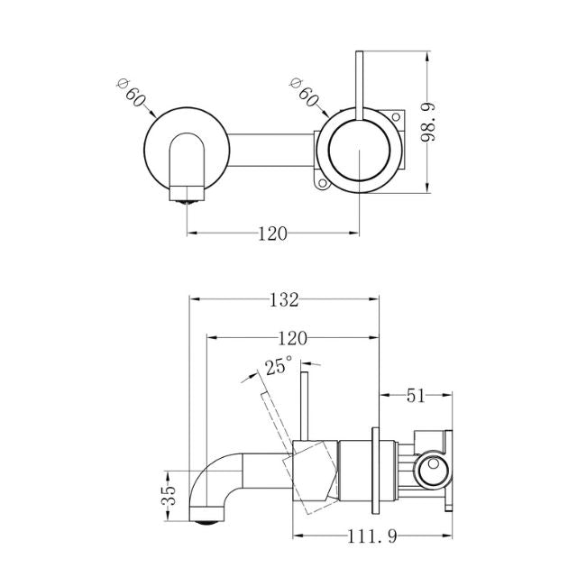 Technical Drawing Nero Mecca Wall Basin Mixer Separate Backplate Handle Up 120mm Spout Brushed Bronze - NR221910D120BZ - The Blue Space