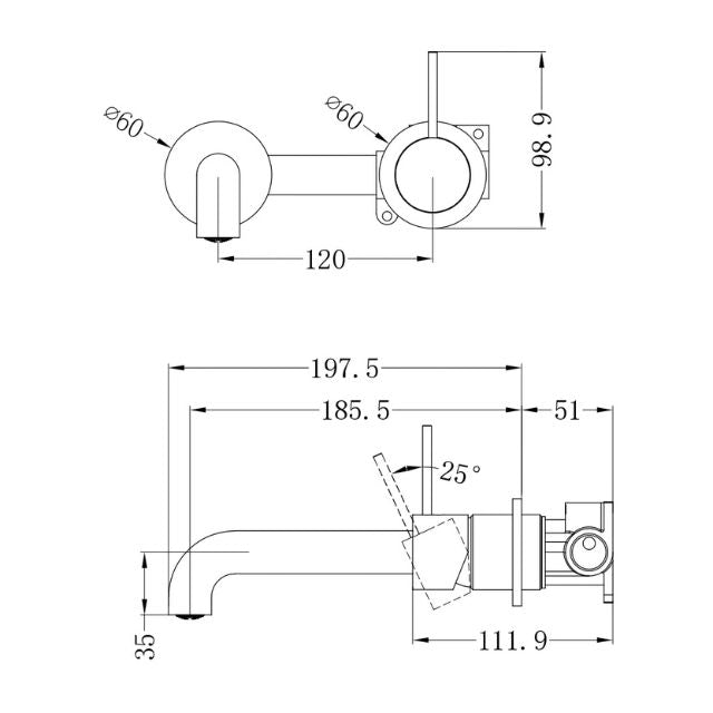 Technical Drawing Nero Mecca Wall Basin Mixer Separate Backplate Handle Up 185mm Spout Brushed Bronze - NR221910D185BZ - The Blue Space