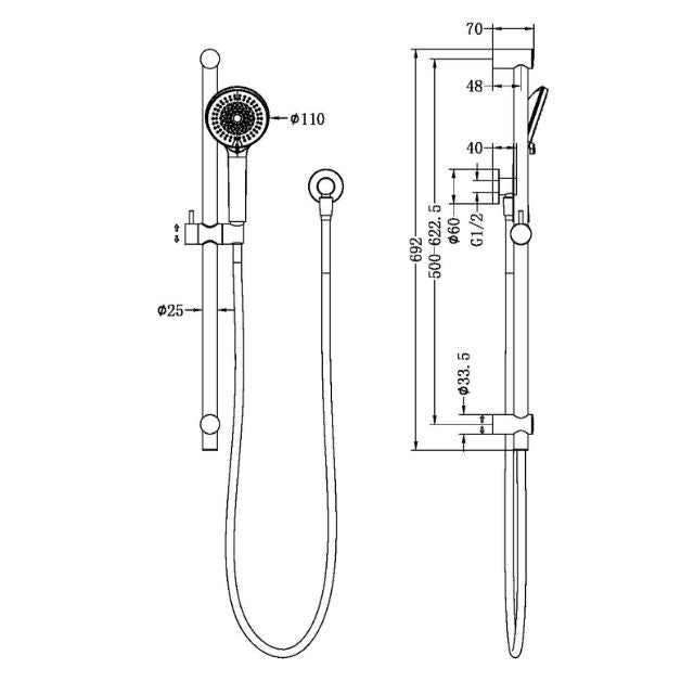 Technical Drawing Nero Round Metal Project Shower Rail Chrome - WELS 4 Star Rated - NR319CH - The Blue Space