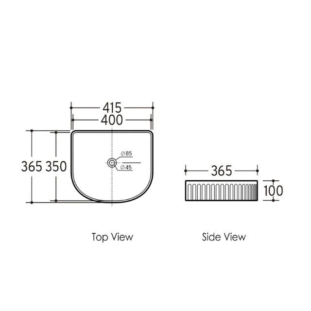 Technical Drawing Otti Archie 415mm Fluted Above Counter Basin - Gloss White OT4136C - The Blue Space