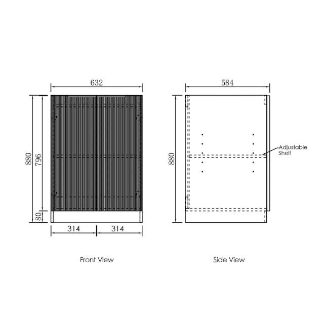 Technical Drawing Fluted Floor Standing Cabinet for Otti Bondi 1305mm Fluted Laundry Set B - White - The Blue Space