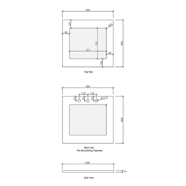 Technical Drawing Stone Top for Otti Hampshire 1305mm Laundry Set C - Black - The Blue Space