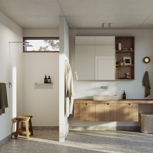 Phoenix Enviro316 Marine Grade Stainless Steel Wall Mixer in Australiana style bathroom - The Blue Space