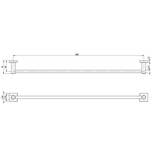 Phoenix Radii Square Plate Single Towel Rail 800mm - RS803-31 - Brushed Carbon - Technical Drawing