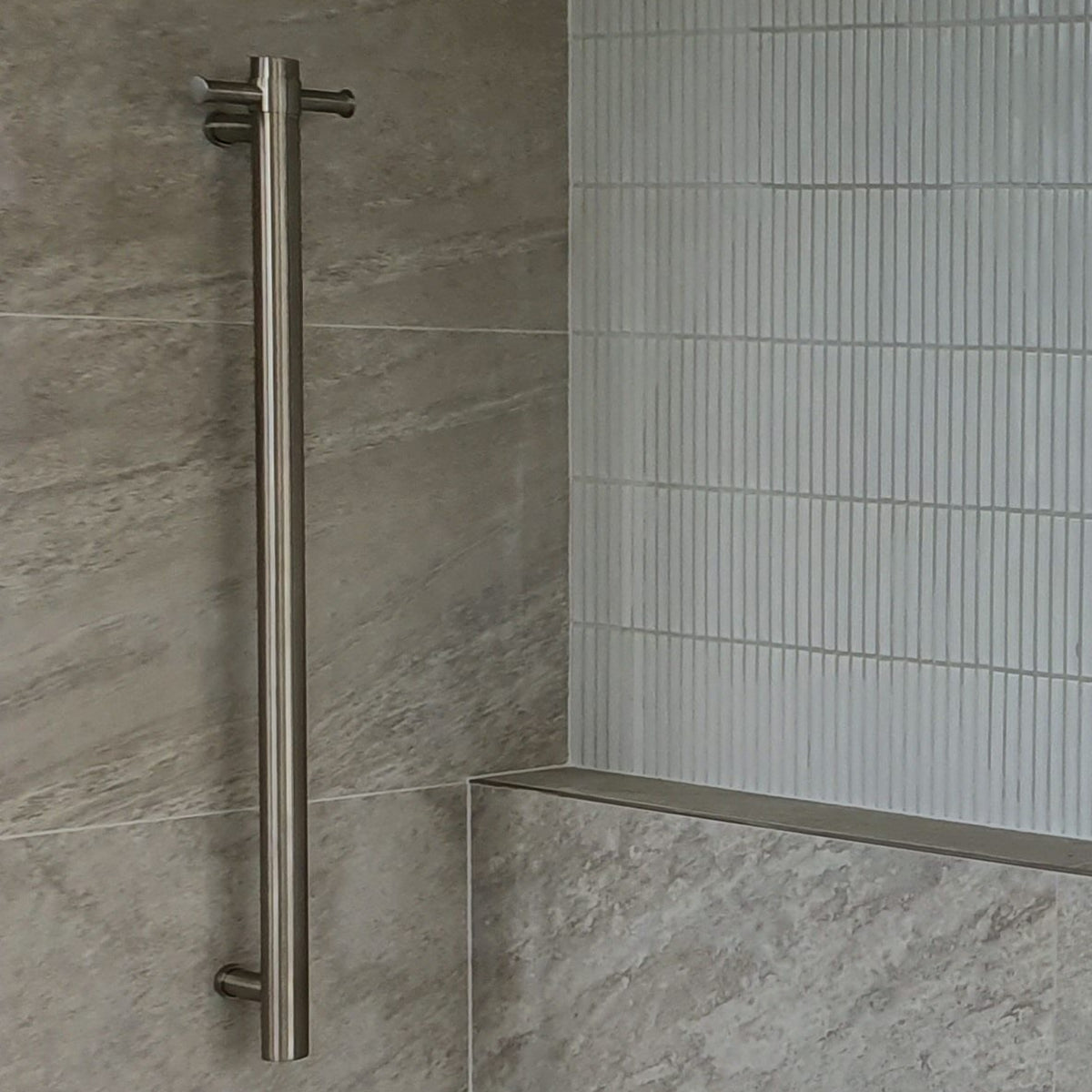 Main Thermogroup 12V Round Vertical Single Bar Heated Towel Rail Brushed Nickel VS900HBN - The Blue Space