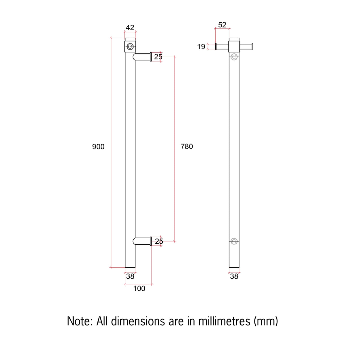 Technical Drawing Thermogroup 12V Round Vertical Single Bar Heated Towel Rail Brushed Nickel VS900HBN - The Blue Space