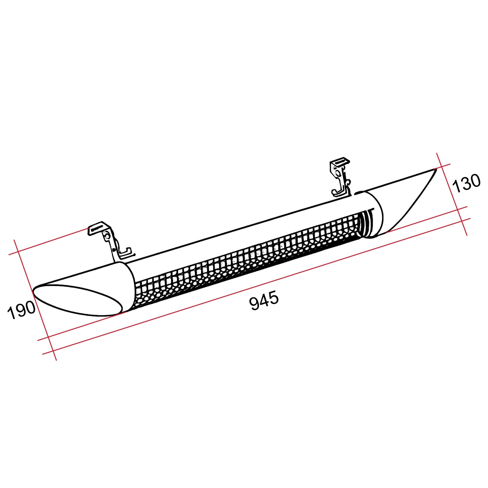 Technical Drawing Thermogroup Ash 2500W Wall Mounted Outdoor Heater with Remote 190x945x130mm - Black AO2500RB - The Blue Space