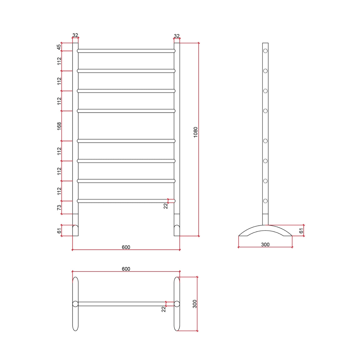 Features Thermogroup Thermorail Free Standing Straight/Round 600x1080x300mm 110Watts 8 Bars - Matt Black FS66EB - The Blue Space