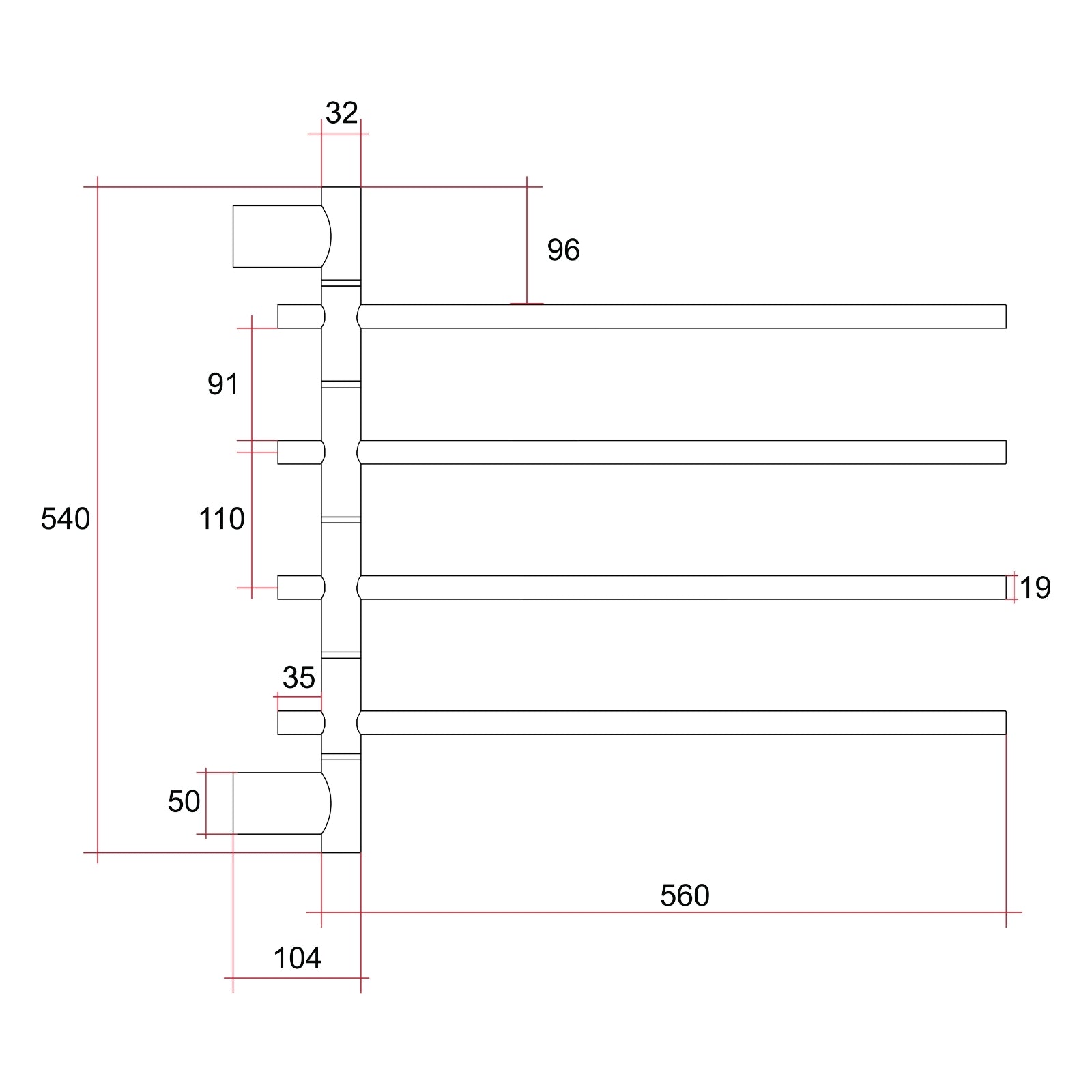 Techncial Drawing Thermogroup Thermorail Swivel Straight/Round 595x540x104mm 40Watts 4Bars - Polished Stainless Steel SV41 - The Blue Space