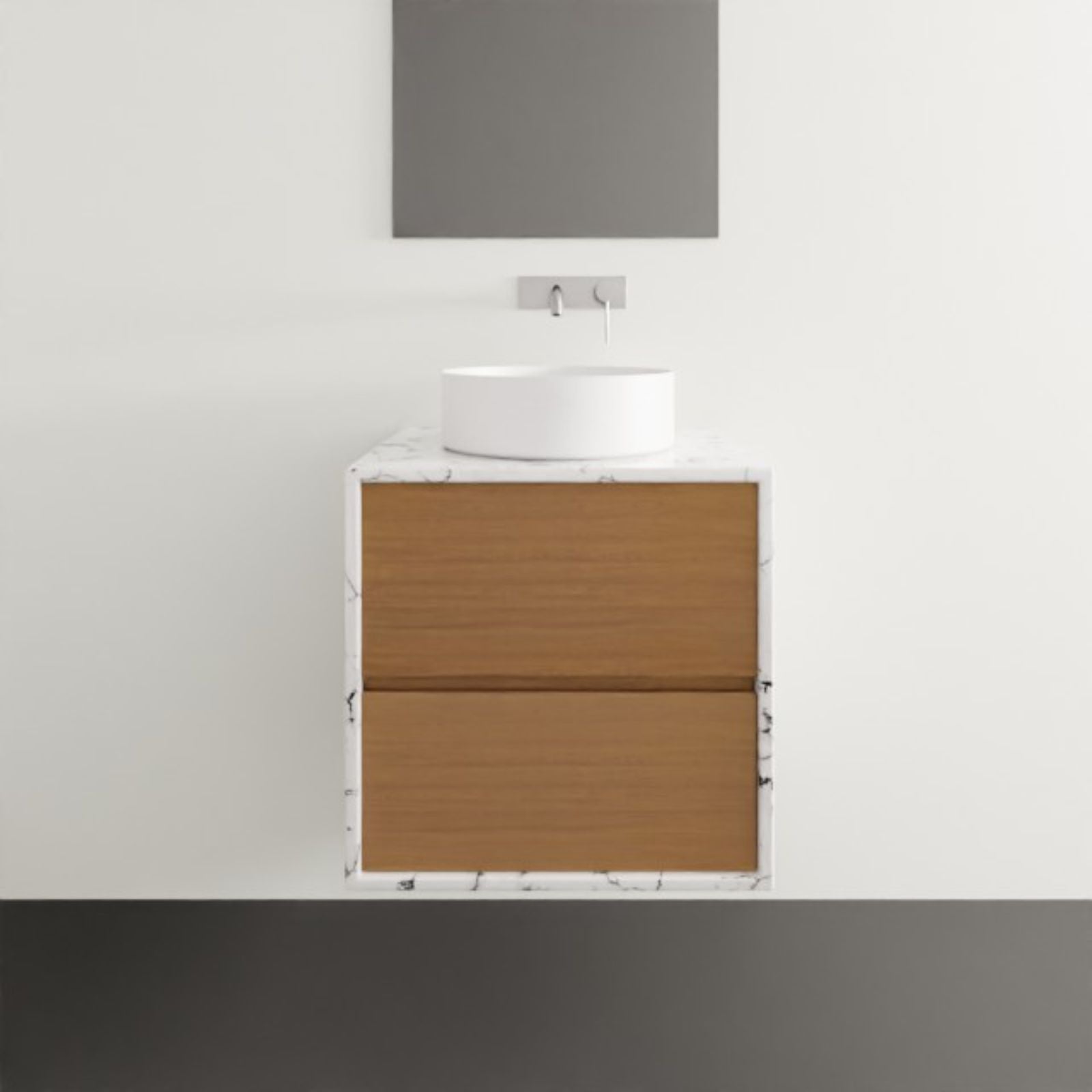 Timberline Embrace Wall Hung Vanity with SilkSurface Wraparound Top and Above Counter Basin 600mm Centre Basin EMB-V-600-C-SSA-W | The Blue Space