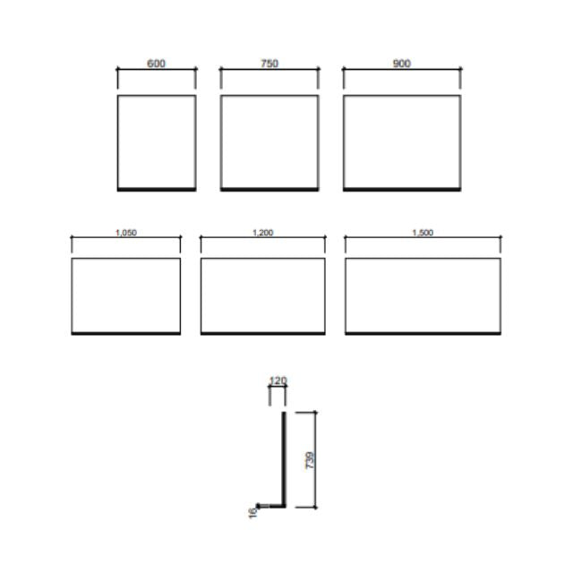 Timberline Essence Mirror - 600mm to 1500mm x 739mm Technical Drawing | The Blue Space