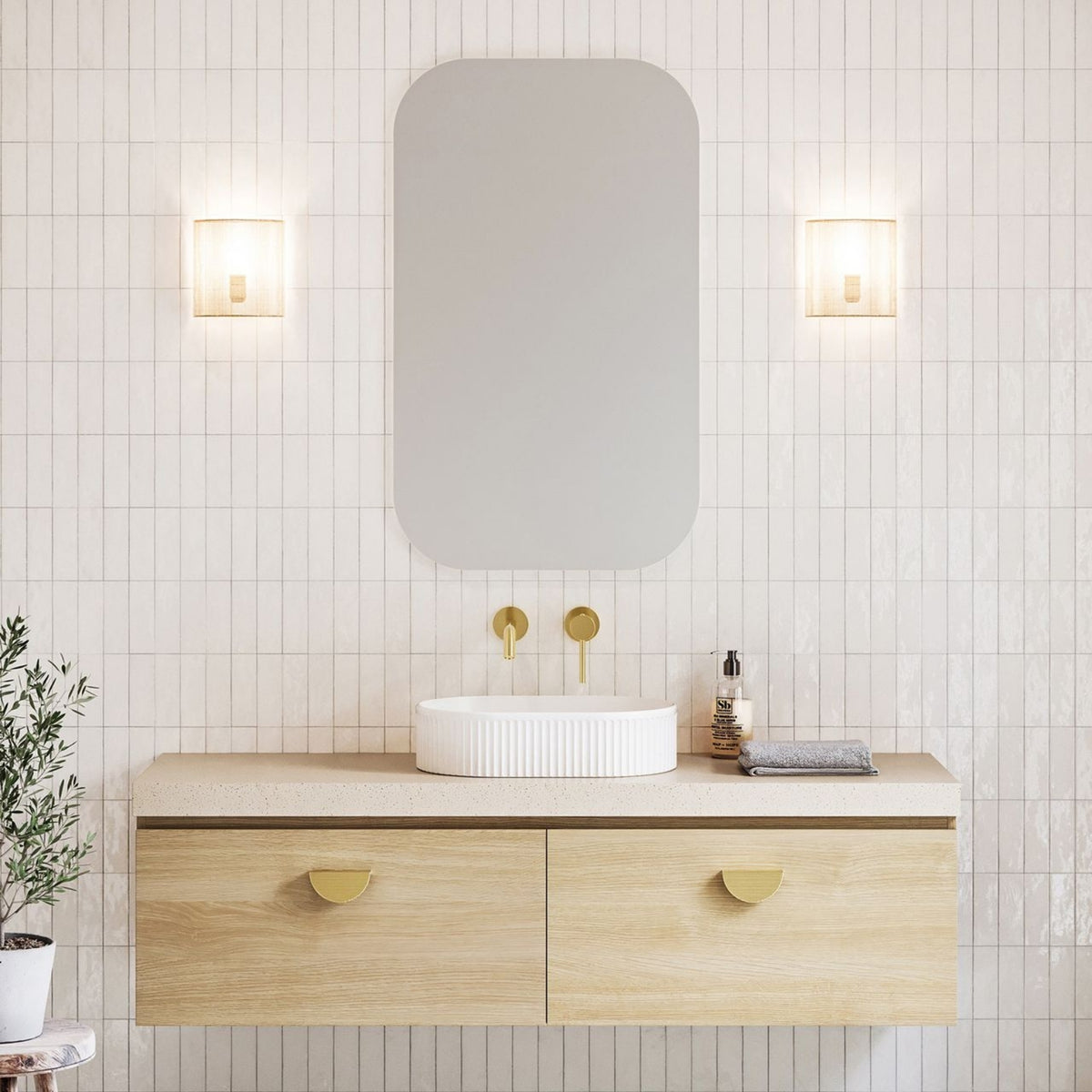 Lifestyle Timberline Kingsley Wall Hung Vanity with SilkSurface Freedom Top and Above Counter Basin KIN-V-1500-C-FRA-W - The Blue Space