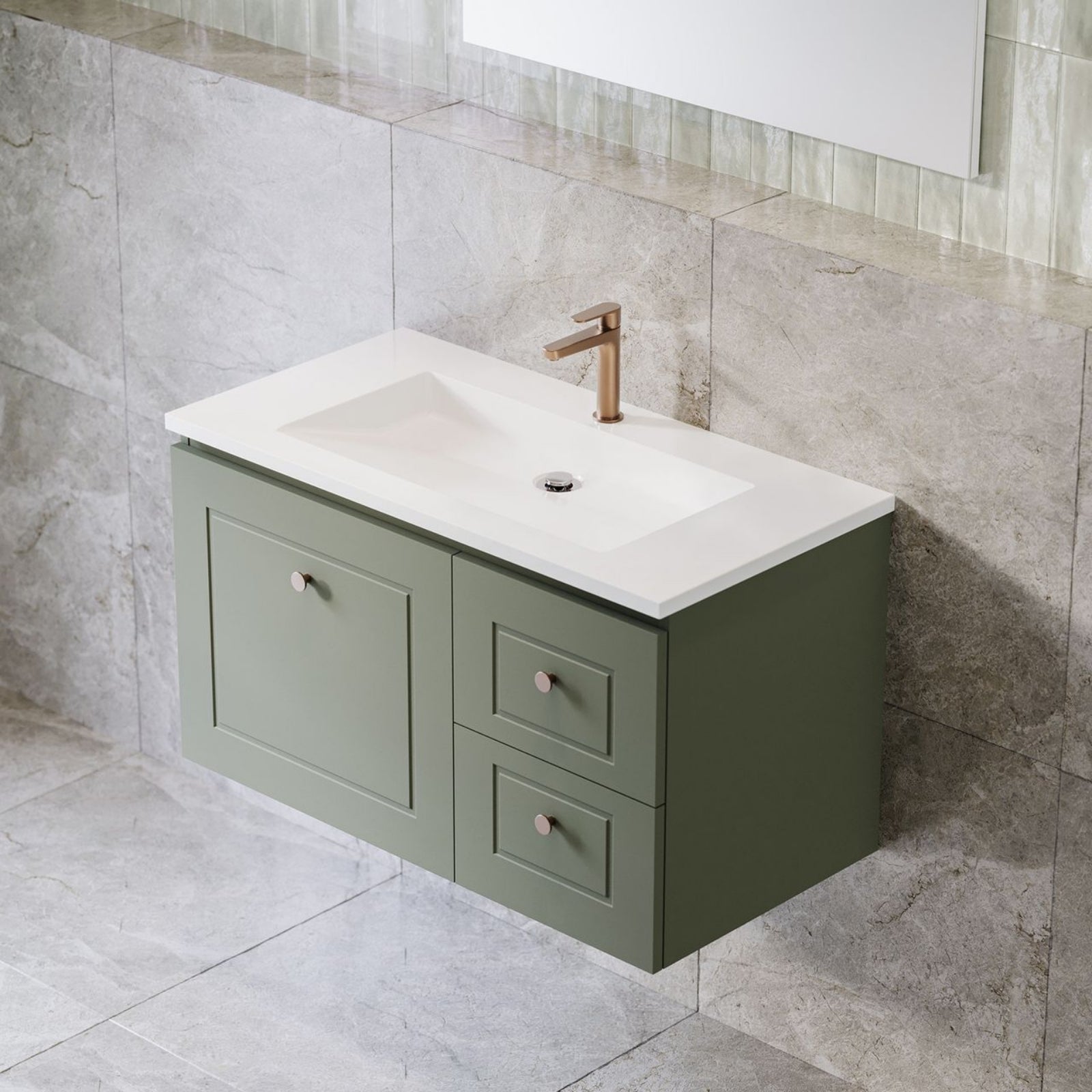 Lifestyle Angle Timberline Nevada Classic Wall Hung Vanity with Vogue Mineral Composite Top NVC-V-900-C-VOG-W - The Blue Space