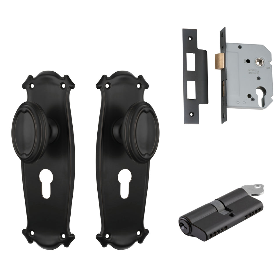 TradCo Bungalow Door Knob Long Backplate Entrance Set with High Security Lock Antique Copper