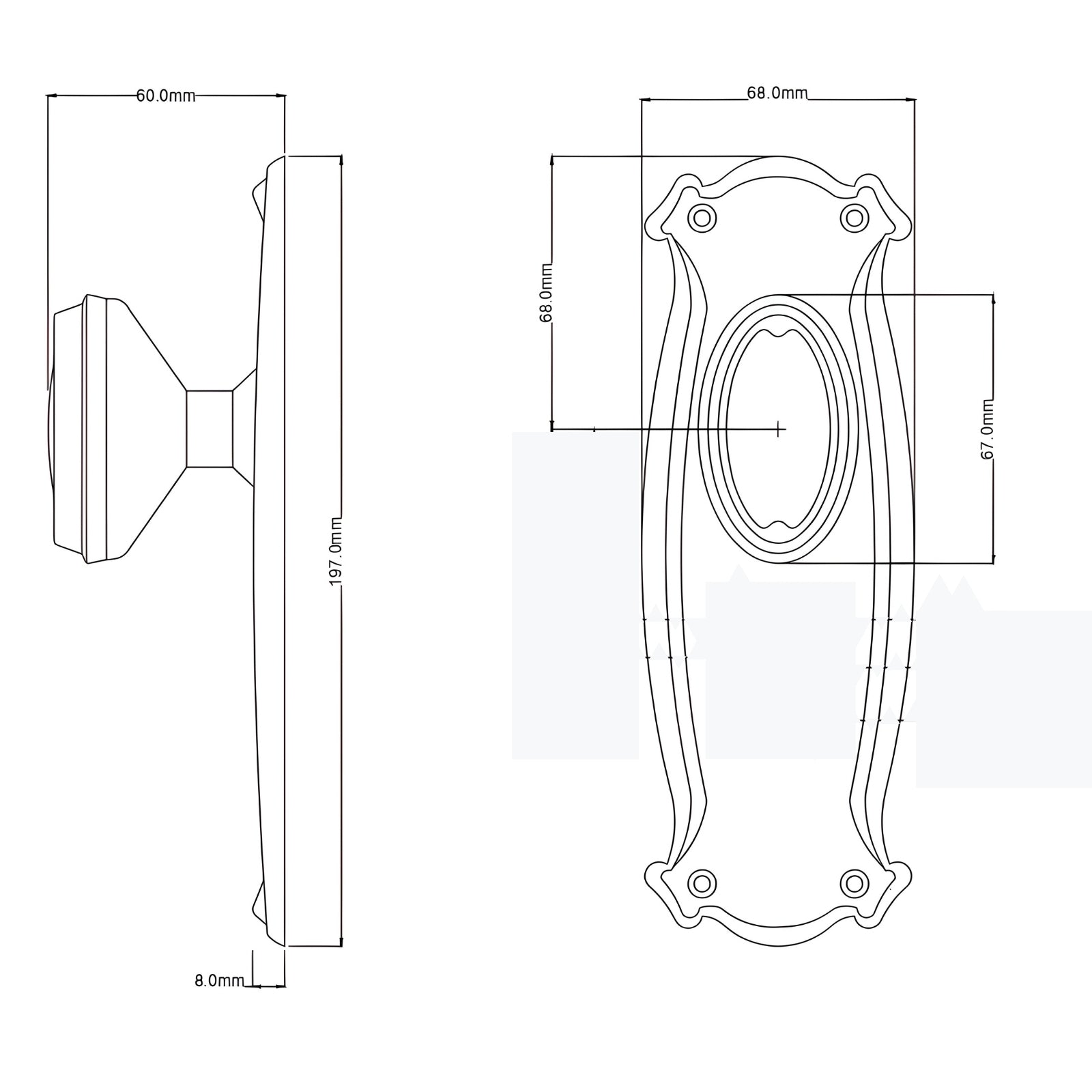 Line Drawing TradCo Bungalow Door Knob Long Backplate Passage Set Polished Brass 1050KPASS60 - The Blue Space