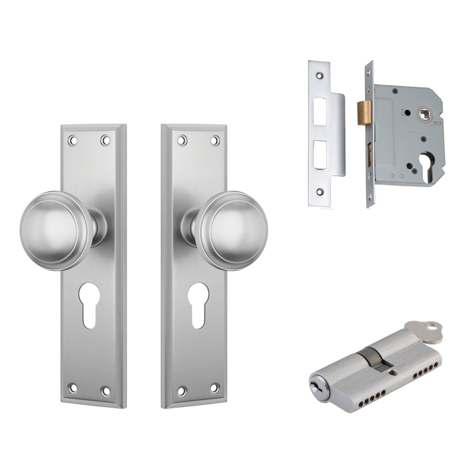 TradCo Milton Door Knob Long Backplate Entrance Set with High Security Lock Satin Chrome 0736KENTREURO57KK - The Blue Space