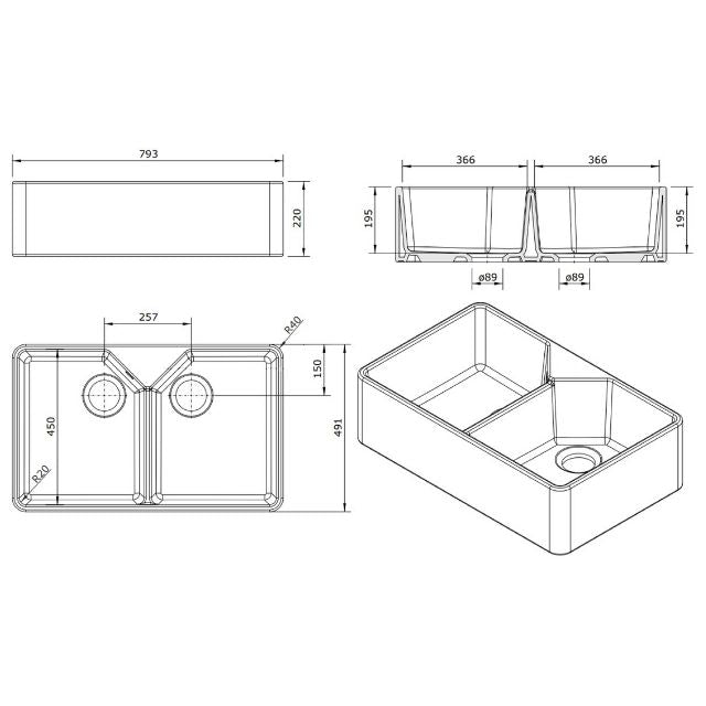 Turner Hastings Chester Double Flat Front Fine Fireclay Butler Sink