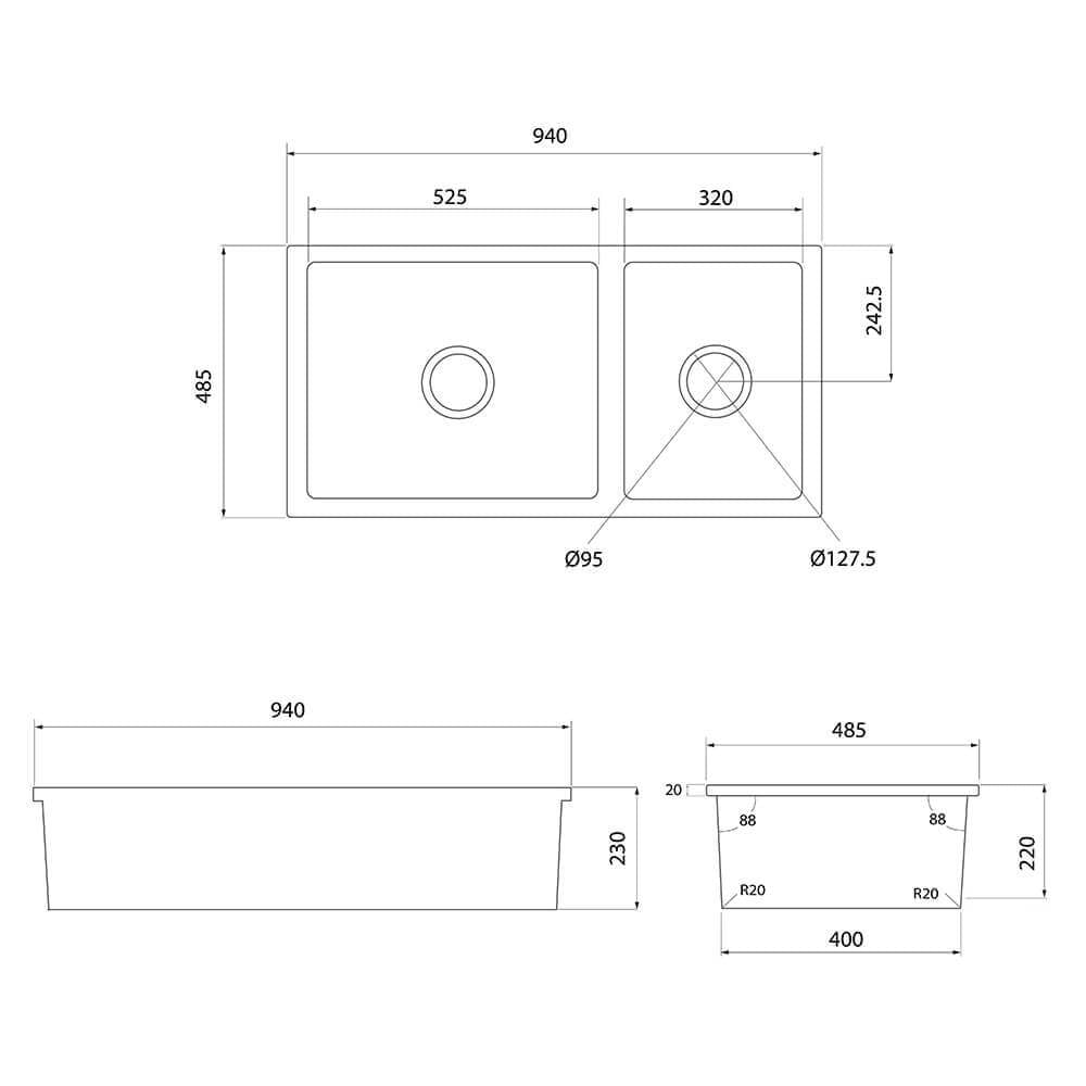 Technical Drawing Turner Hastings Cuisine 93 x 48 One and a Half Bowl Inset / Undermount Fine Fireclay Matte Black Sink With Overflow CUD93FS-MB-OF - The Blue Space