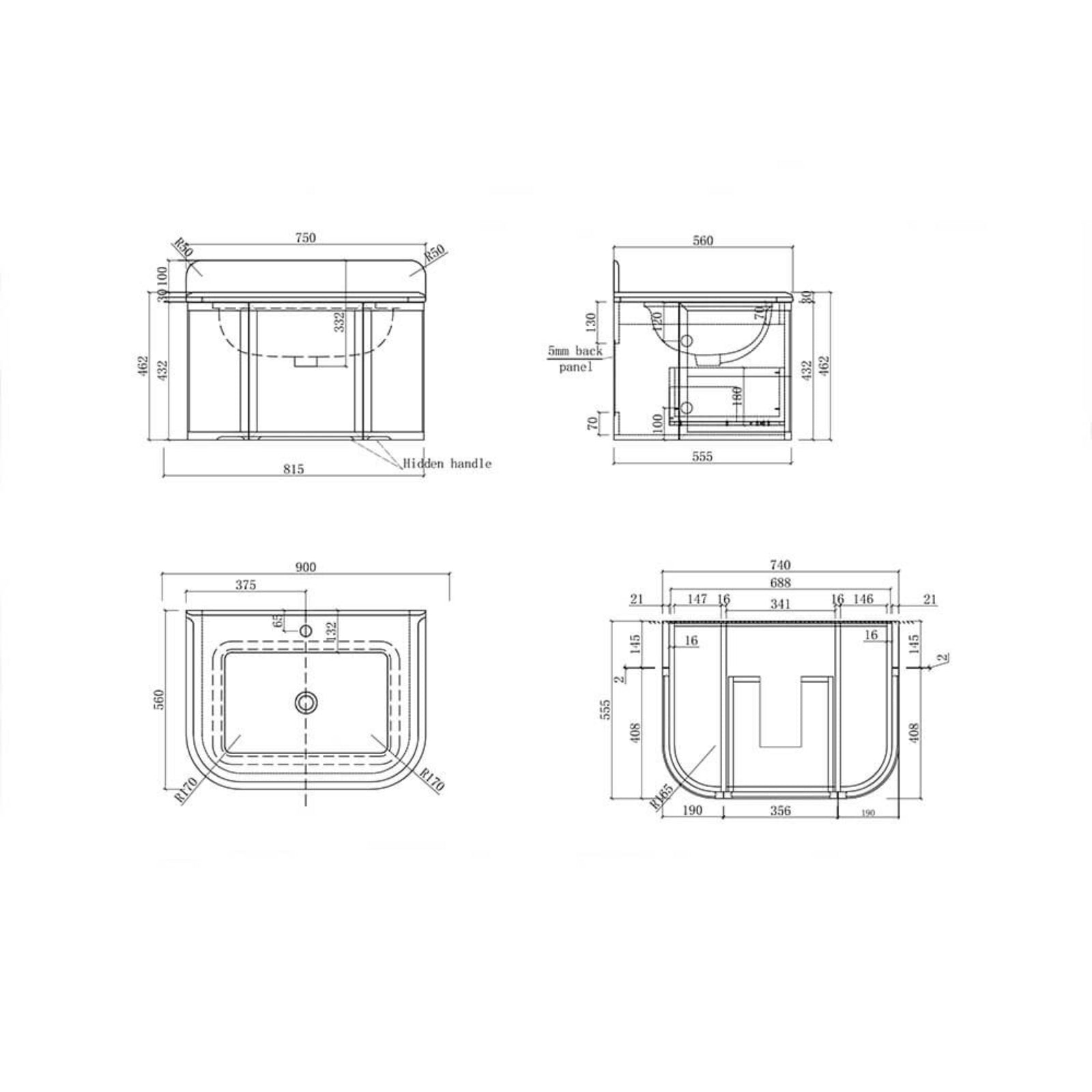 Spec Sheet Turner Hastings Evara 75 x 53 Wall Hung Vanity with Real Marble Top & Under Counter Basin - Volcanic Ash EV751-VA-1TH - The Blue Space
