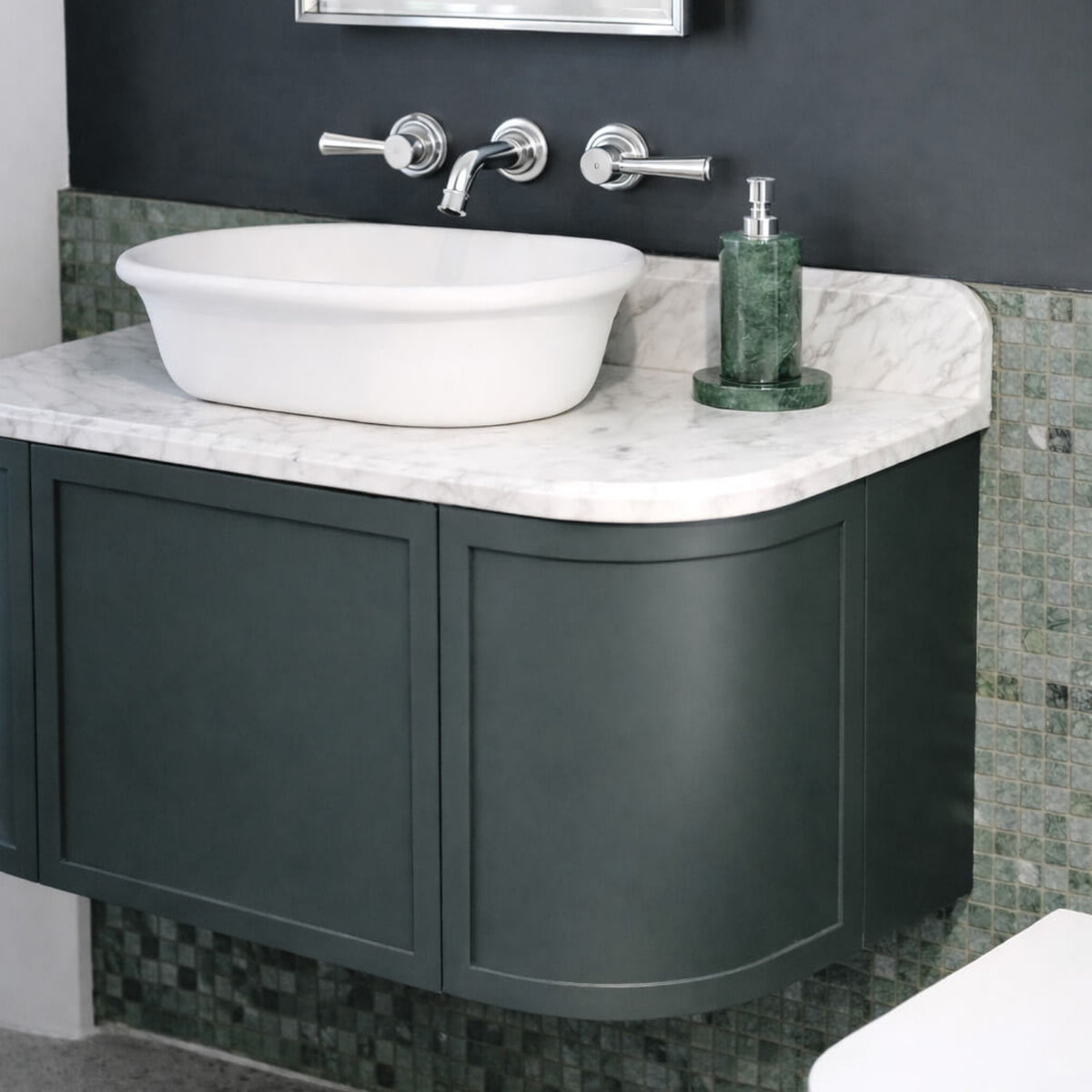 Lifestyle 2 Turner Hastings Evara 90 x 53 Wall Hung Vanity with Real Marble Top & Above Counter Basin - Aegean Blue EV955-AB-NTH - The Blue Space