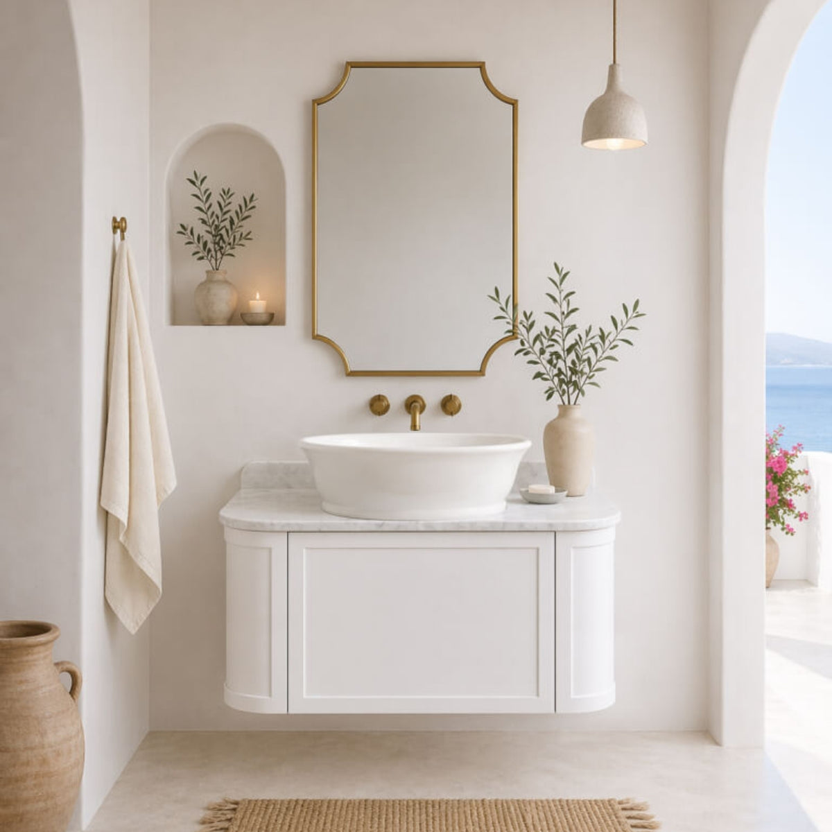 Lifestyle Turner Hastings Evara 90 x 53 Wall Hung Vanity with Real Marble Top & Above Counter Basin - White EV953-WH-NTH - The Blue Space