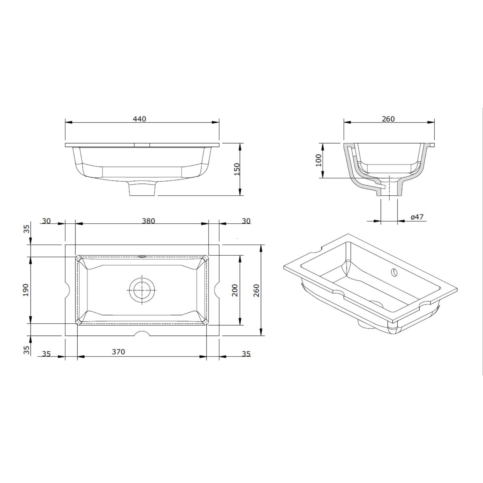 Technical Drawing Turner Hastings Mini Agres 44x26 Under Counter Basin - Matte White 118943-MW - The Blue Space