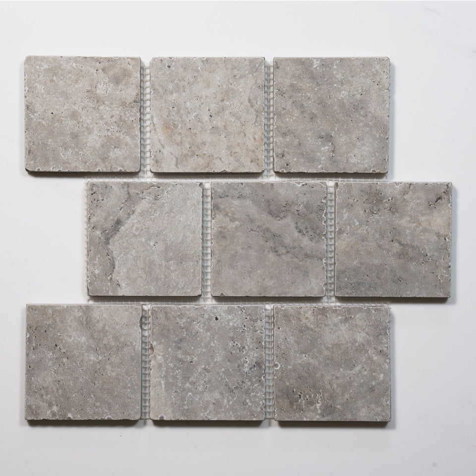 Valerie Grey Travertine Brick Bond Cobblestone Porcelain Tile Sheets