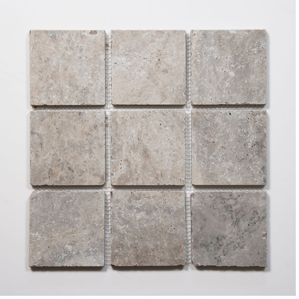 Valerie Grey Travertine Straight Bond Cobblestone Porcelain Tile Sheets