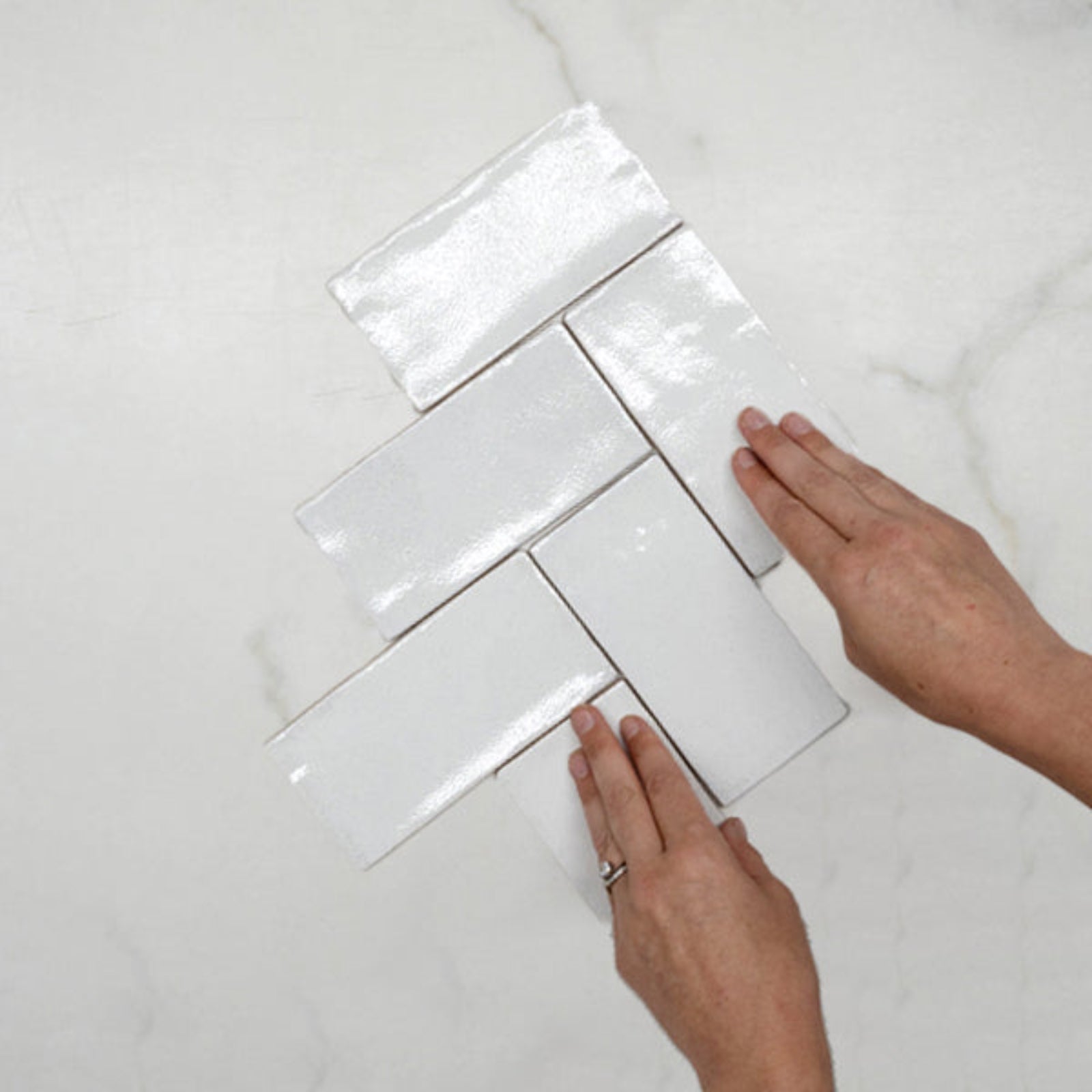 Fishbone With Hand White Dianna Hand Made Subway Tile 75 x 150 x 9mm Spanish Ceramic | The Blue Space