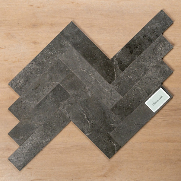 Casuarina Charcoal Honed Porcelain Tile 75x300mm Herringbone Pattern - The Blue Space