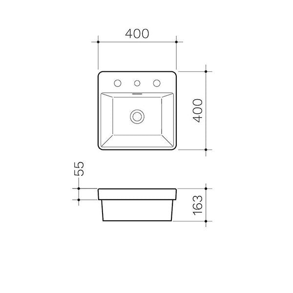 Clark Square Inset Basin With Tap Landing 400mm Three Tapholes - Dimensions