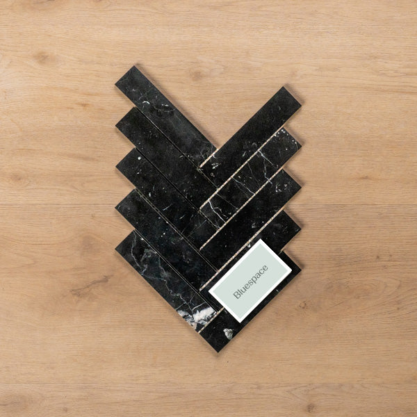 Sample of Cottesloe Nero Marquina Herringbone Honed Marble Mosaic Tile - The Blue Space