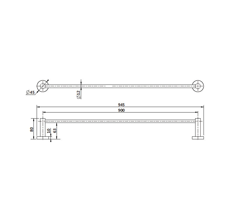Technical Drawing: Mirage Single Towel Rail Matte Black 600
