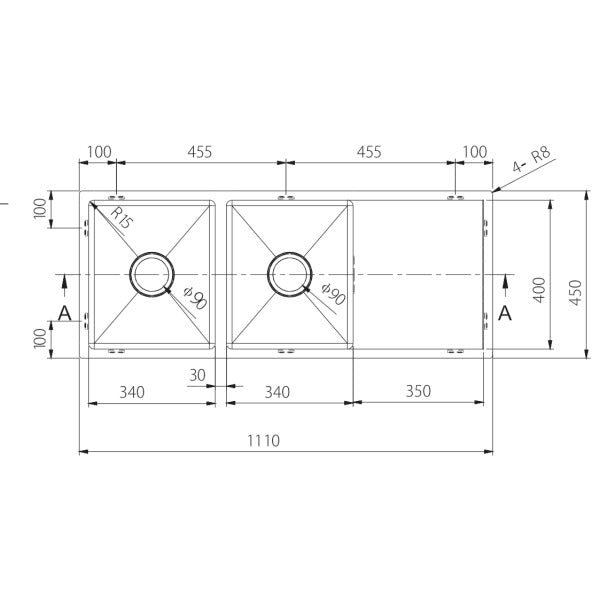 Technical Drawing: Double Bowl Sink, Round Corner Round Waste - Left Or Right Drainer