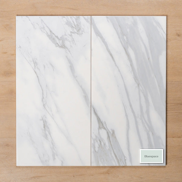 Kings Marble Carrara White Satin Cushioned Edge Ceramic Tile 300x600mm Double - The Blue Space