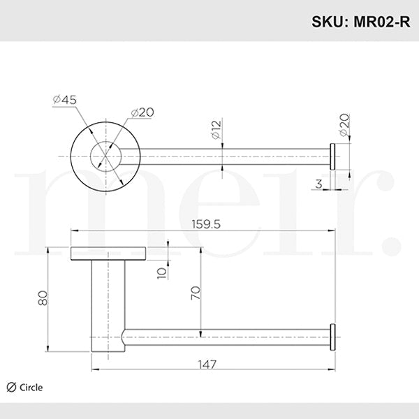 Meir Round Toilet Roll Holder Technical Drawing - The Blue Space