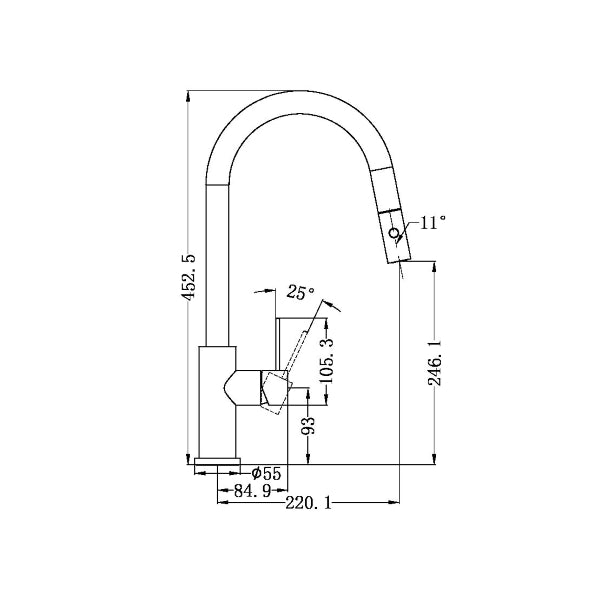 Technical Drawing: Nero Mecca Pull Out Sink Mixer With Vegie Spray Brushed Gold