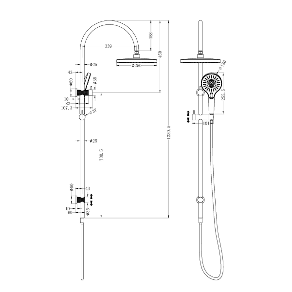 Technical Drawing: Nero Opal Twin Shower Brushed Bronze