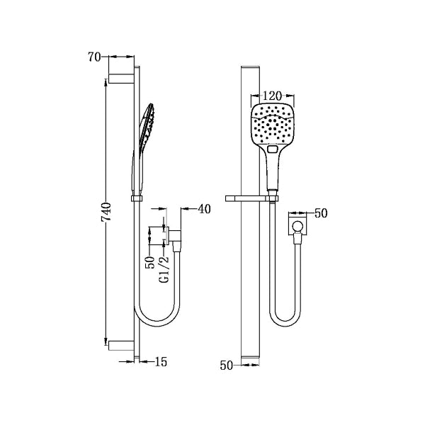 Technical Drawing: Nero Rain Square 3 Function Rail Shower Matte Black