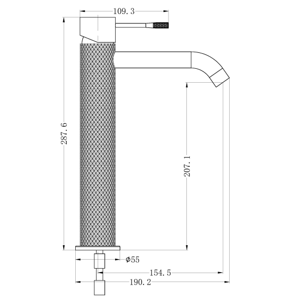 Technical Drawing: Nero Opal Tall Basin Mixer Brushed Nickel