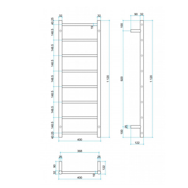 Thermogroup 8 Bar Thermorail Heated Towel Ladder 400mm Technical Drawing - The Blue Space