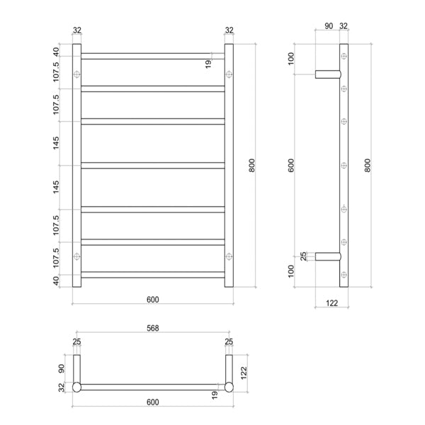 Thermogroup Thermorail Straight Round Heated Towel Ladder 7 Bars Technical Drawing - The Blue Space