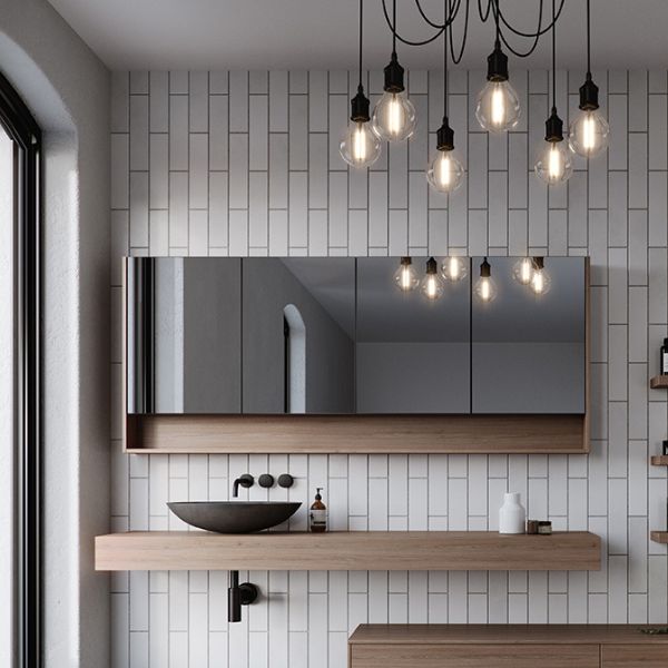 Timberline San Remo Shaving Cabinet 1800mm with black tapware and black above counter basins on wall hung vanity- The Blue Space