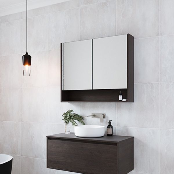 Timberline San Remo Shaving Cabinet 750mm with Phoenix Teel tapware in brushed nickel and above counter basins on Timberline Delaware wall hung vanity- The Blue Space