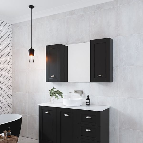 Timberline Victoria Shaving Cabinet 1200mm with Victoria vanity in black and white above counter basin at The Blue Space