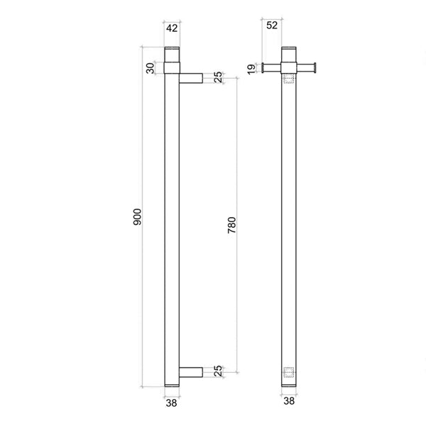 Thermogroup Straight Square Vertical Single Bar Heated Towel Rail Technical Drawing - The Blue Space