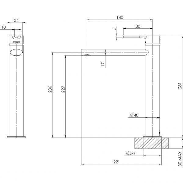 Technical Drawing =- Phoenix Vivid Slimline Oval Vessel Mixer Brushed Gold