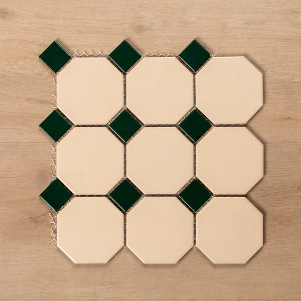 St Kilda Matt Cream Octagon with Green Dot Porcelain Period Mosaic Tile 97x97mm