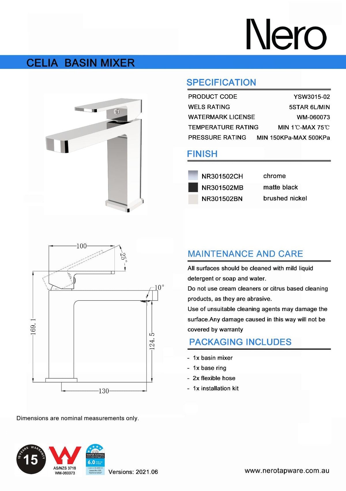 Technical Drawing: Nero Celia Straight Basin Mixer - Chrome
