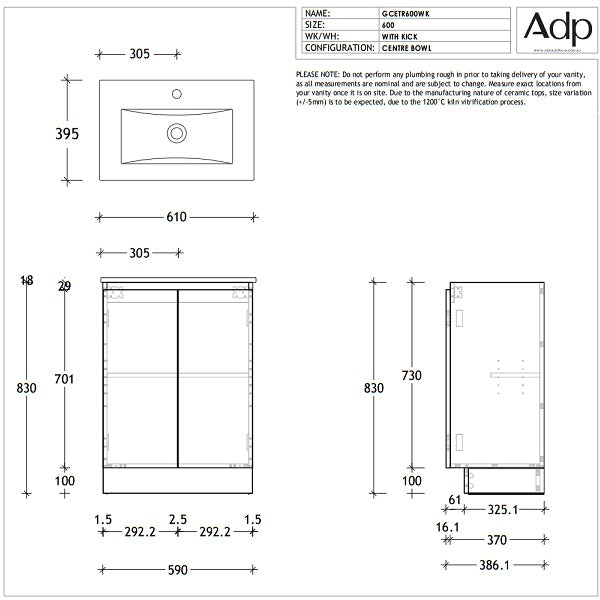 ADP Glacier Lite Ceramic Top Ensuite Trio Vanity
